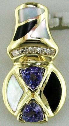 .53CT DIAMOND & TANZANITE ONYX & MOTHER OF PEARL 14KT YELLOW GOLD 3D FUN PENDANT