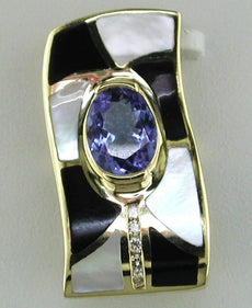 1.32CT DIAMOND AAA TANZANITE & MOTHER OF PEARL 14KT YELLOW GOLD 3D SLIDE PENDANT