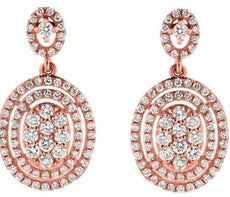 ESTATE 1.0CT DIAMOND 14KT ROSE GOLD 3D OVAL CLUSTER DOUBLE HALO HANGING EARRINGS