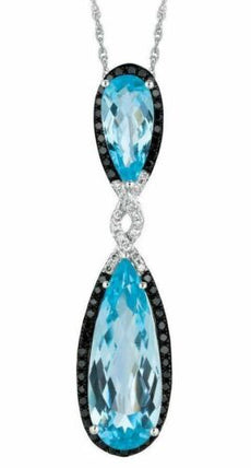 11.25CT WHITE & BLACK DIAMOND & AAA BLUE TOPAZ 14KT WHITE GOLD TEAR DROP PENDANT