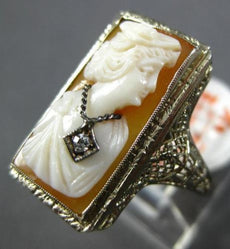 ANTIQUE LARGE .02CT DIAMOND 14KT WHITE GOLD 3D HANDCRAFTED LADY CAMEO RING