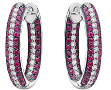2.78CT DIAMOND & AAA RUBY 18KT WHITE GOLD 3 ROW INSIDE OUT HOOP HANGING EARRINGS