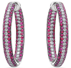 2.75CT DIAMOND & AAA RUBY 18KT WHITE GOLD 3 ROW INSIDE OUT HOOP HANGING EARRINGS