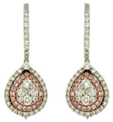 ESTATE 1.20CT WHITE & PINK DIAMOND 14KT WHITE ROSE GOLD CLUSTER HANGING EARRINGS
