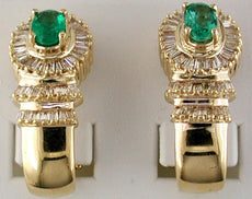 1.9CT DIAMOND & AAA EMERALD 14KT YELLOW GOLD 3D OVAL & BAGUETTE HANGING EARRINGS