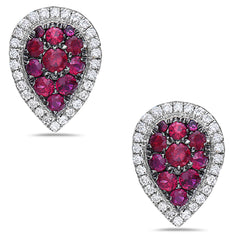 1.76CT DIAMOND & AAA RUBY 18KT WHITE GOLD CLUSTER TEAR DROP HALO STUD EARRINGS