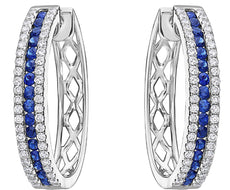2.19CT DIAMOND & AAA SAPPHIRE 18K WHITE GOLD CLASSIC 3 ROW HOOP HANGING EARRINGS