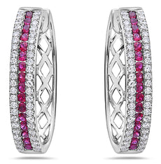 ESTATE 4.05CT DIAMOND & AAA RUBY 18KT WHITE GOLD 3D 3 ROW HOOP HANGING EARRINGS
