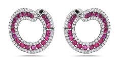 ESTATE 3.0CT DIAMOND & AAA RUBY 18K WHITE GOLD 3D SIDEWAYS HOOP HANGING EARRINGS