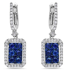 1.7CT DIAMOND & AAA SAPPHIRE 18K WHITE GOLD SQUARE HALO OCTAGON HANGING EARRINGS