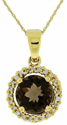 1.08CT DIAMOND & AAA SMOKY TOPAZ 14KT YELLOW GOLD 3D ROUND HALO FLOWER PENDANT