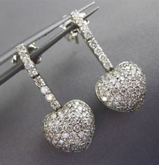 ESTATE LARGE 1.45CT DIAMOND 18KT WHITE GOLD PAVE HEART FLOATING HANGING EARRINGS