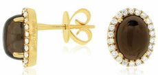 2.88CT DIAMOND & AAA CABOCHON SMOKY TOPAZ 14K YELLOW GOLD 3D OVAL STUD EARRINGS