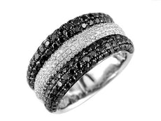 WIDE 1.98CT WHITE & BLACK DIAMOND 14KT WHITE GOLD 3D MULTI ROW ANNIVERSARY RING