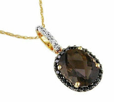 2.79CT WHITE & BLACK DIAMOND & AAA SMOKY QUARTZ 14KT YELLOW GOLD 3D OVAL PENDANT