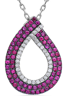 1.69CT DIAMOND & AAA RUBY 18KT WHITE GOLD 3D CLASSIC OPEN TEAR DROP LOVE PENDANT