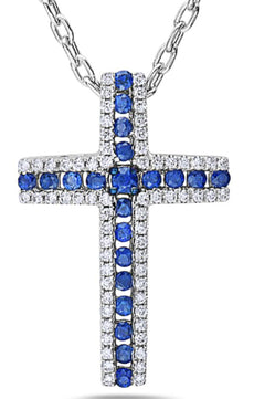.82CT DIAMOND & AAA SAPPHIRE 18KT WHITE GOLD 3D CLASSIC CROSS FLOATING PENDANT