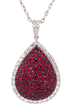 5.41CT DIAMOND & AAA RUBY 18KT WHITE GOLD 3D CLUSTER TEAR DROP FLOATING PENDANT