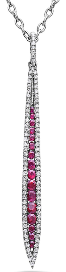.90CT DIAMOND & AAA RUBY 18KT WHITE GOLD ELONGATED BAR JOURNEY FLOATING PENDANT