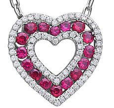 1.29CT DIAMOND & AAA RUBY 18K WHITE GOLD DOUBLE OPEN HEART LOVE FLOATING PENDANT
