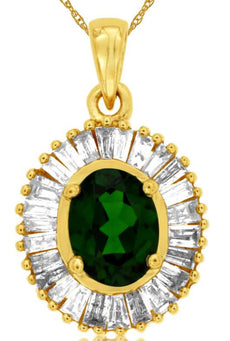 2.05CT DIAMOND & AAA RUSSALITE 14K YELLOW GOLD OVAL & BAGUETTE BALLERINA PENDANT