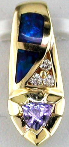 .25CT DIAMOND AAA TANZANITE & OPAL 14KT YELLOW GOLD ROUND & TRILLION FUN PENDANT