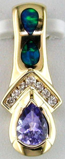 .44CT DIAMOND & AAA TANZANITE & OPAL 14KT YELLOW GOLD INFINITY TEAR DROP PENDANT