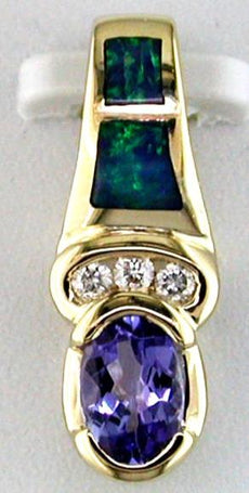 0.53CT DIAMOND & AAA TANZANITE & OPAL 14KT YELLOW GOLD TEAR DROP FLOATING PENDANT