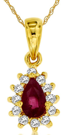 .38CT DIAMOND & AAA RUBY 14KT YELLOW GOLD 3D PEAR SHAPE FLOWER TEAR DROP PENDANT