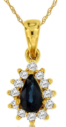 .45CT DIAMOND & AAA SAPPHIRE 14K YELLOW GOLD PEAR SHAPE FLOWER TEAR DROP PENDANT