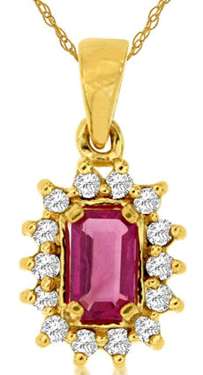 0.50CT DIAMOND & AAA RUBY 14KT YELLOW GOLD 3D EMERALD CUT & ROUND FLOWER PENDANT