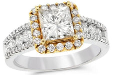 2.22CT DIAMOND 18KT 2 TONE GOLD 3D PRINCESS CUT CLASSIC HALO ENGAGEMENT RING