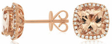 ESTATE 4.21CT DIAMOND & MORGANITE 14KT ROSE GOLD 3D CUSHION HALO STUD EARRINGS