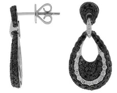 1.49CT WHITE & BLACK DIAMOND 14KT WHITE GOLD CLUSTER TEAR DROP HANGING EARRINGS