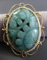 ANTIQUE LARGE AAA JADE & PEARL 14KT YELLOW GOLD 3D FILIGREE BROOCH PENDANT
