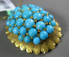 ANTIQUE LARGE AAA TURQUOISE 18KT YELLOW GOLD 3D LEAF CLUSTER SUN BURST PENDANT