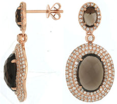 7.25CT DIAMOND & AAA SMOKY TOPAZ 14KT ROSE GOLD 3D OVAL HALO HANGING EARRINGS