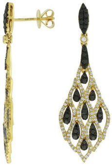 ESTATE 1.75CT WHITE & BLACK DIAMOND 14KT YELLOW GOLD CHANDELIER HANGING EARRINGS