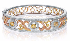 2.46CT MULTI COLOR FANCY DIAMOND 18KT TRI COLOR GOLD 3D FILIGREE BANGLE BRACELET