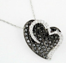 .84CT WHITE & BLACK DIAMOND 14KT WHITE GOLD 3D PAVE DOUBLE HEART LOVE PENDANT
