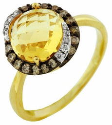 2.76CT WHITE & MOCHA DIAMOND & AAA CITRINE 14KT YELLOW GOLD ROUND HALO FUN RING