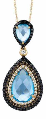 5.29CT WHITE & CHOCOLATE FANCY DIAMOND & AAA BLUE TOPAZ 14KT YELLOW GOLD PENDANT