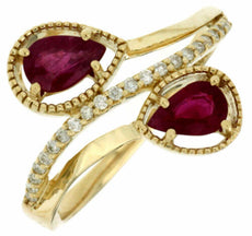 1.02CT DIAMOND & AAA RUBY 14KT YELLOW GOLD PEAR SHAPE & ROUND CRISS CROSS RING