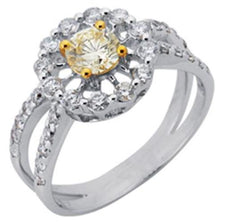 1.22CT WHITE & FANCY YELLOW DIAMOND 14K WHITE YELLOW GOLD FLOWER ENGAGEMENT RING