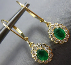 ESTATE 1.03CT DIAMOND & AAA EMERALD 14K YELLOW GOLD OVAL FLOWER HANGING EARRINGS