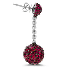 ESTATE 8.90CT DIAMOND & AAA RUBY 18KT WHITE GOLD CLASSIC PAVE BALL DROP EARRINGS