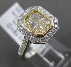 ESTATE 1.87CT WHITE & FANCY YELLOW DIAMOND 18K 2 TONE GOLD BEZEL ENGAGMENT RING