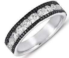 1.13CT WHITE & BLACK DIAMOND 14K WHITE GOLD 3 ROW SEMI ETERNITY ANNIVERSARY RING