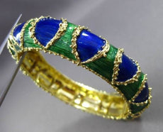 ANTIQUE WIDE 18KT YELLOW GOLD HANDCRAFTED BLUE & GREEN ENAMEL BANGLE #1901