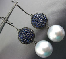 EXTRA LARGE 3.6CT AAA SAPPHIRE & SOUTH SEA PEARL 18K BLACK GOLD HANGING EARRINGS